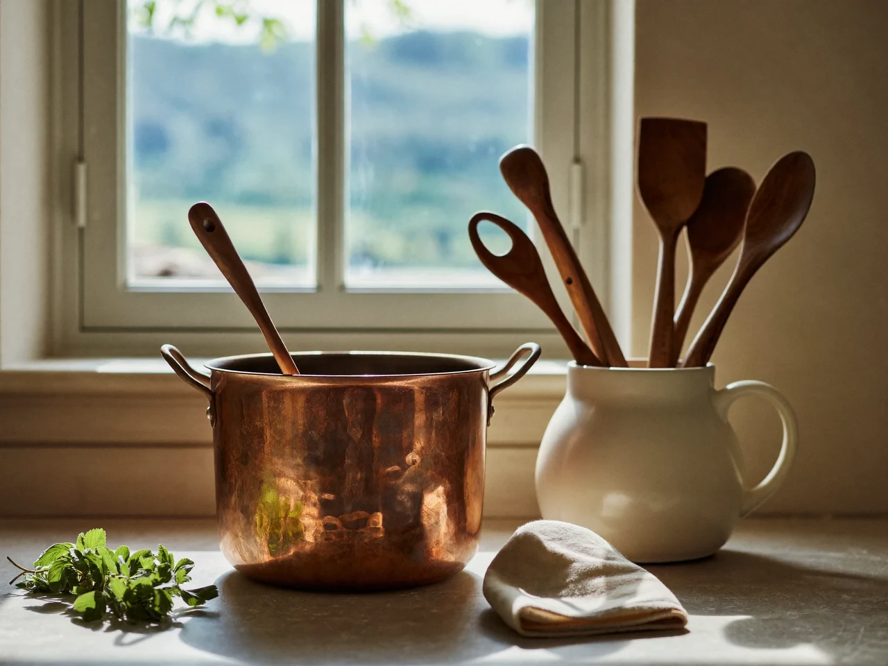 Piano di cucina rustico con pentole di rame e utensili in legno alla luce del mattino