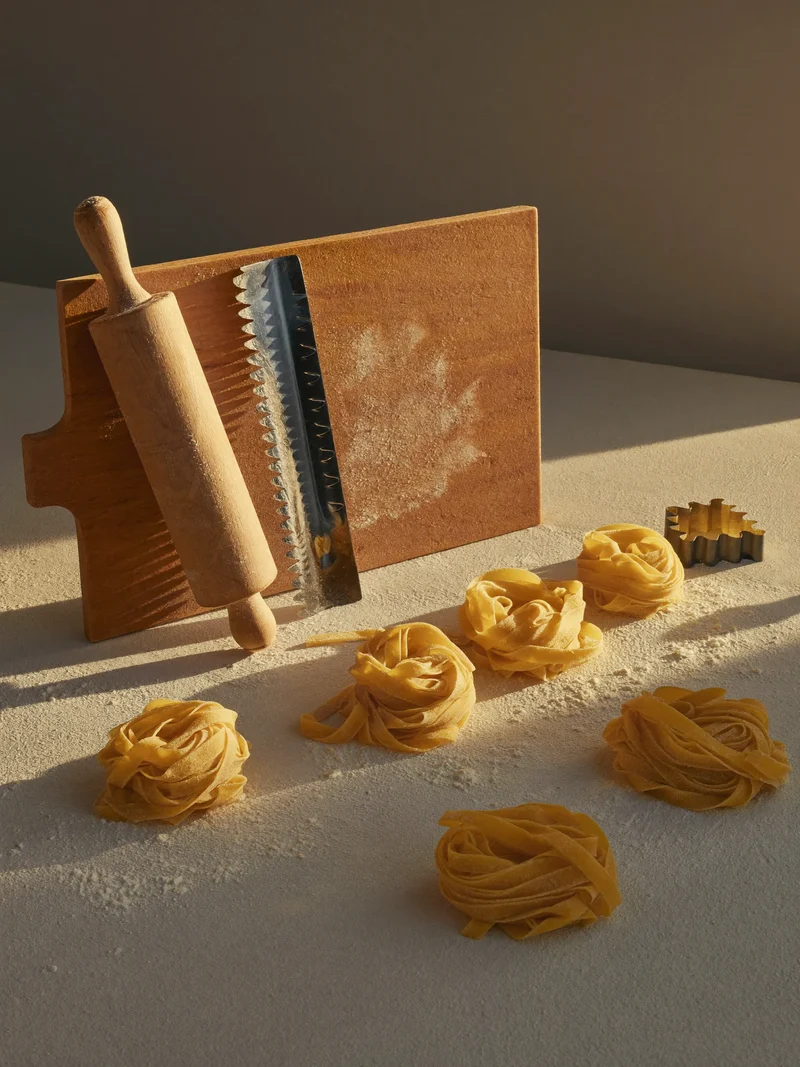 Spianatoia infarinata con mattarello, tagliapasta zigrinato e nidi di tagliatelle fresche